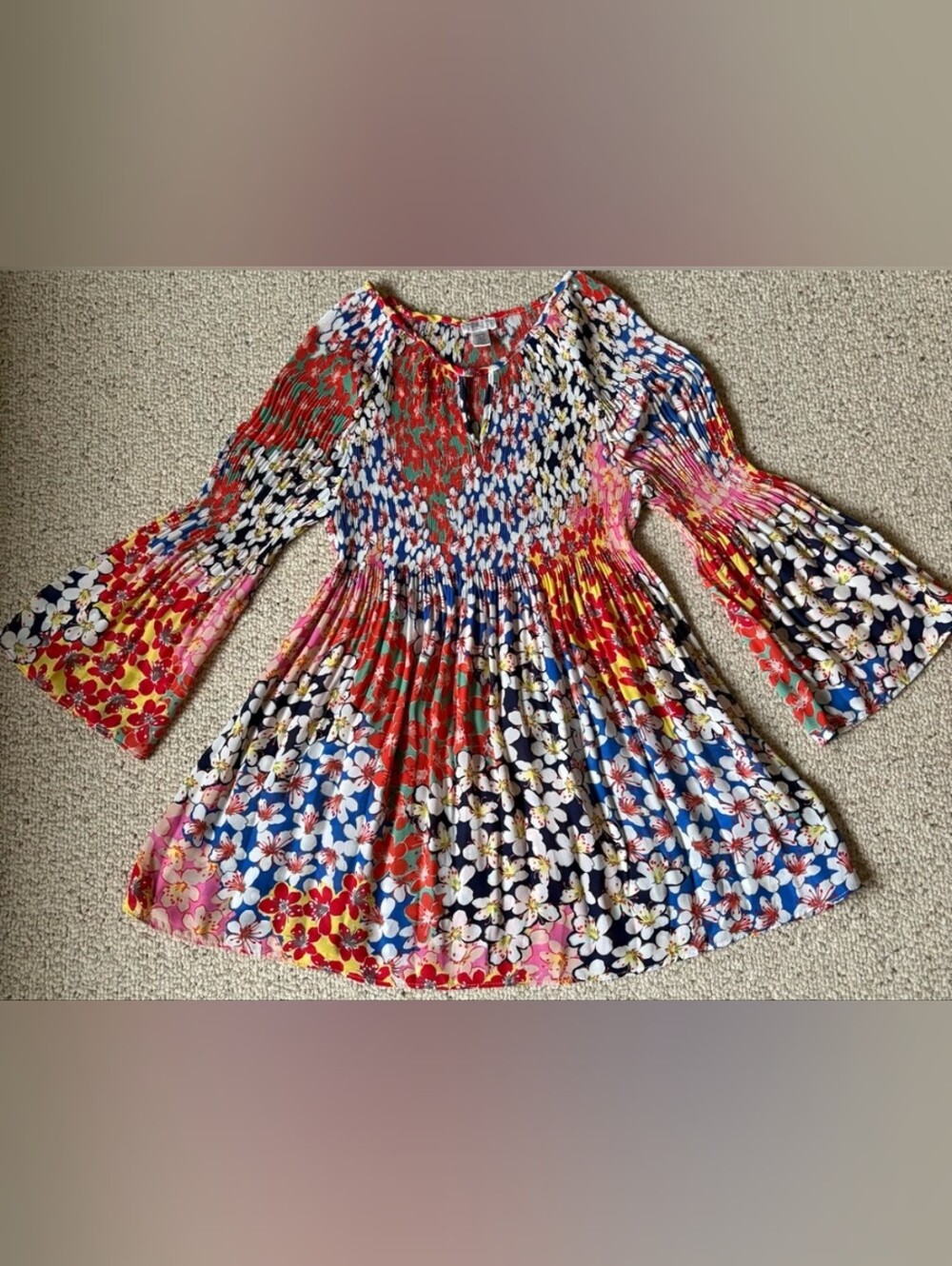 Spense Floral Multicolor Blouse Tunic Essentials w Gathered Bodice & V-Keyhole - Picture 6 of 10